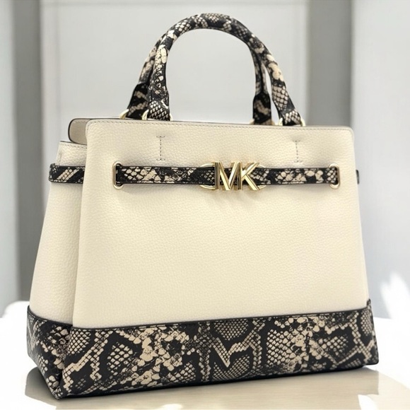 Michael Kors Large Reed CZ Belted Satchel Bag Light Cream Multi - Picture 1 of 12